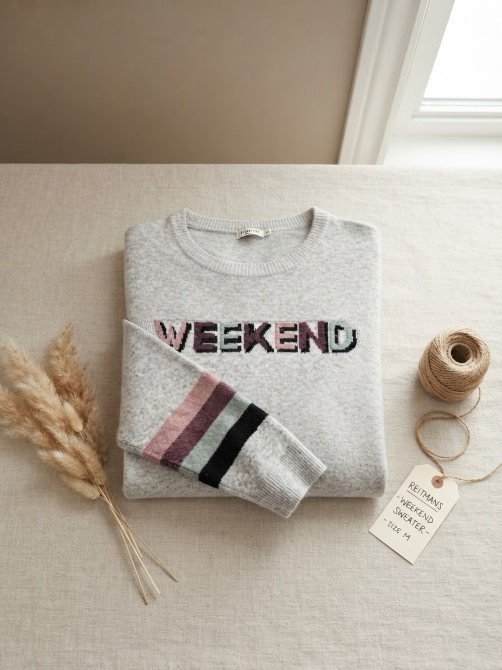Reitmans Light Gray 'WEEKEND' Crewneck Sweater with Pink, Green & Black Stripes